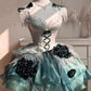 Robe de bal courte en mousseline de soie à fleurs bleu/vert/violet nv4824