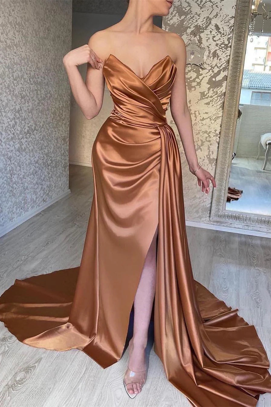 Trägerloses, einzigartiges, neues, elegantes Meerjungfrau-Kleid mit ärmeln, schlicht, lang, Party, Abendkleid, Ballkleid nv1624