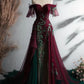 Robe de soirée trapèze longue en tulle bordeaux vintage avec broderies exquises et appliques, épaules dénudées, nv3405