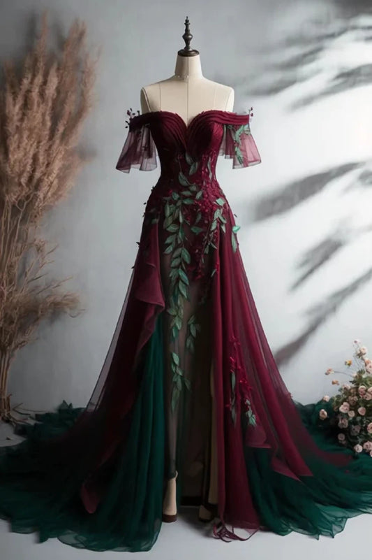 Burgundy Vintage Exquisite Embroidery Applique A-Line Long Off-the-shoulder Tulle Ball Gown Evening Dress nv3405