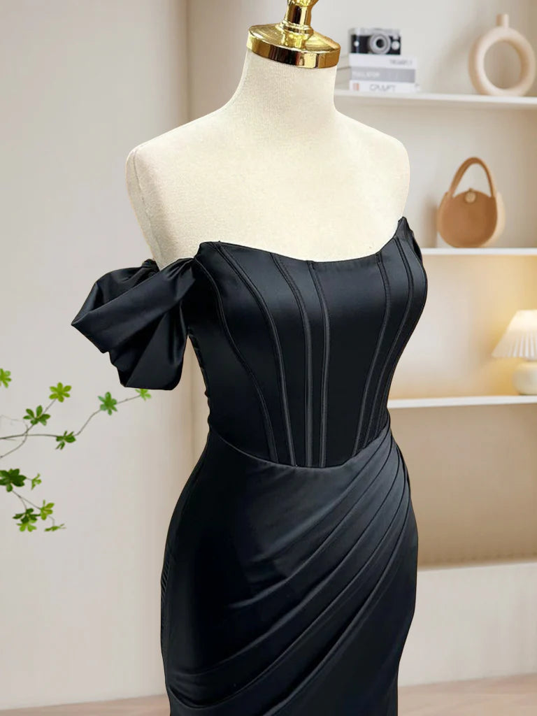 Robe de soirée longue noire en satin à épaules dénudées et style sirène nv1609