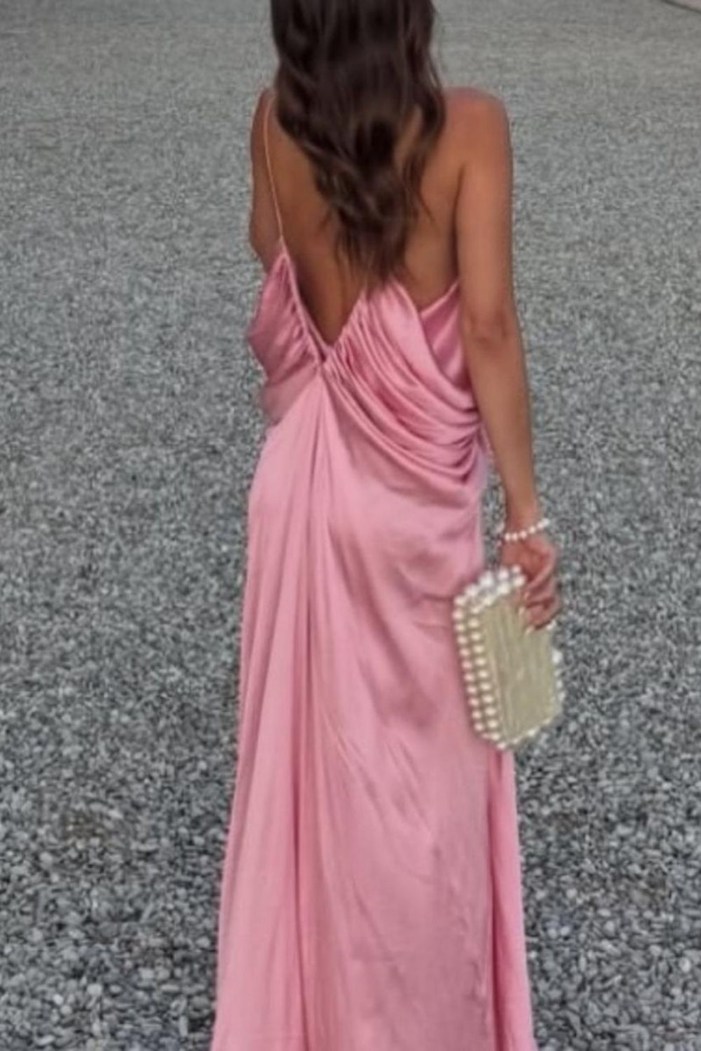 Rosa Mode V-Ausschnitt elegante lange Satin Ballkleid Brautjungfer Kleid Hochzeit Gast Partykleid nv5214