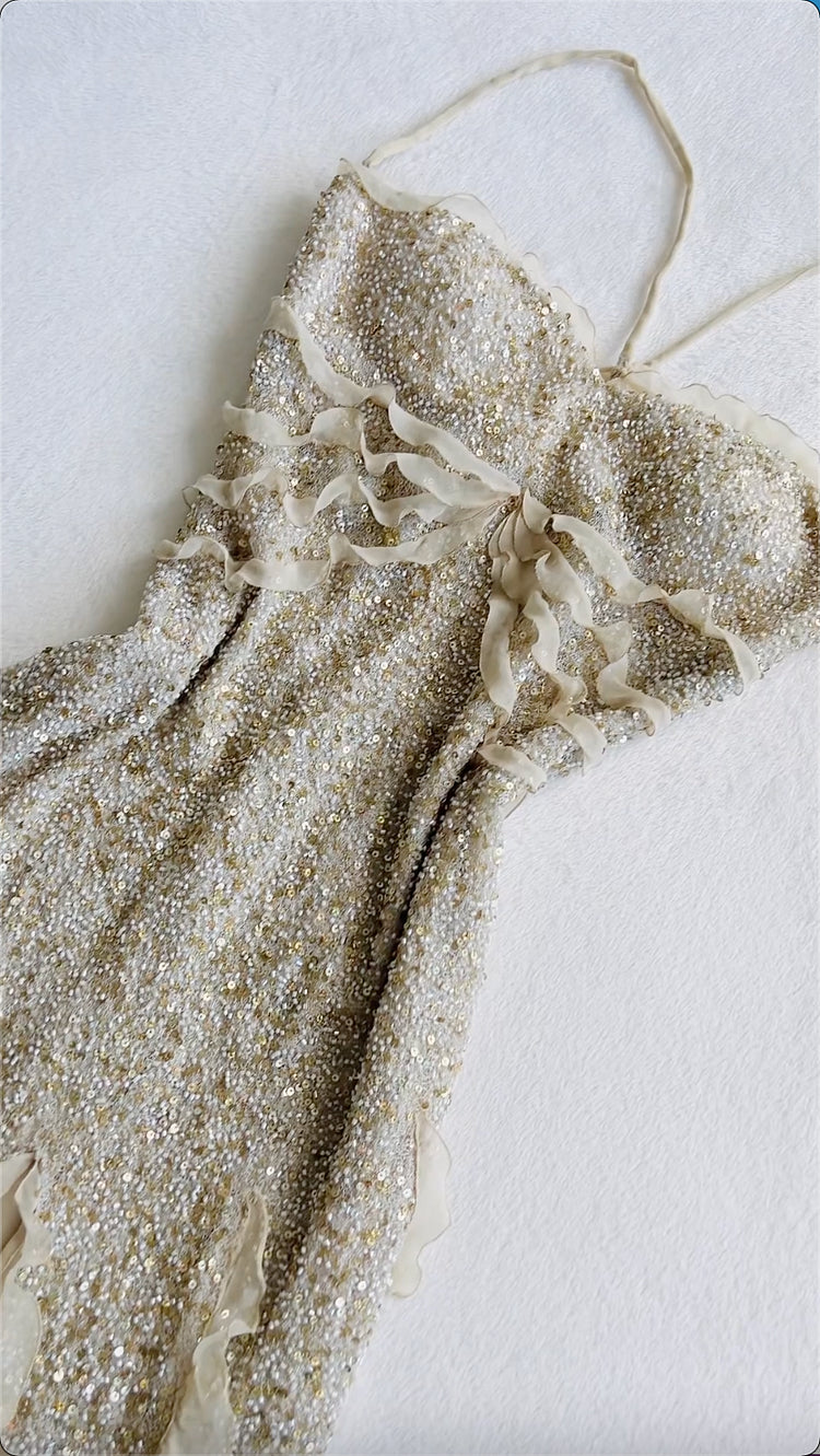 Robe de soirée longue en mousseline de soie, couleur champagne, élégante, exquise, à paillettes, sexy, fendue, robe de bal, robe de fête d'anniversaire, nv3731