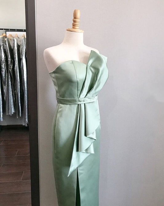 Grünes, schlichtes, elegantes, langes Satin-Ballkleid, Abendkleid, Hochzeitskleid für die Mutter der Party, Brautjungfernkleid, Ballkleid, NV3889