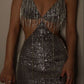 Robe sexy à bretelles et chaîne en strass avec sequins argentés nv1950