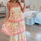 A-Line Floral Print Halter Long Prom Gown Tiered Formal Party Dress Maxi Dress nv2675