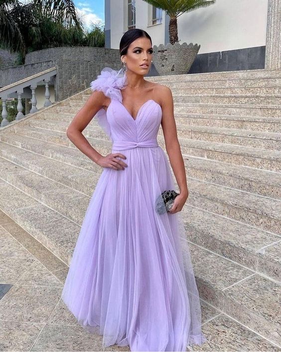 Robe de soirée longue en tulle violet clair, coupe trapèze, longueur au sol, robe de demoiselle d'honneur, nv11