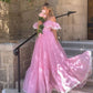 Pink Off-the-shoulder Ruffle Chiffon Lace A-line Sweet Long Prom Gown Party Dress nv2694