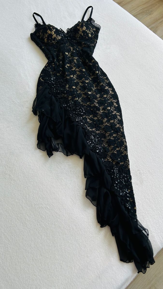 Robe de soirée longue à volants en dentelle noire, élégante et tendance, nv3421