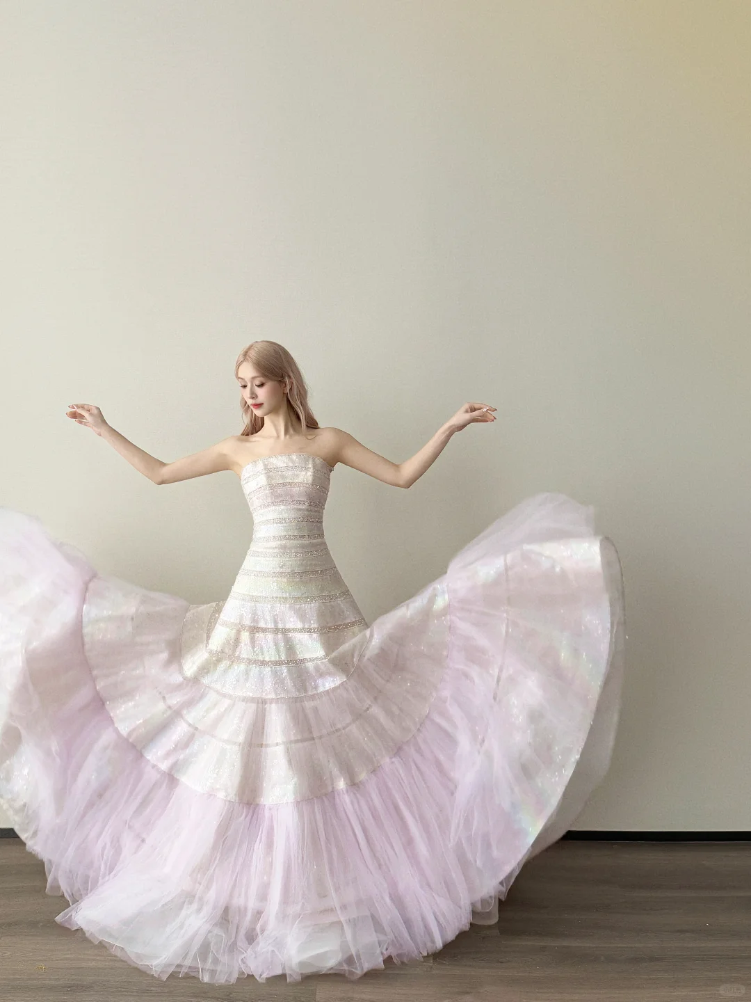 Pink Ombre Strapless Tiered Sequin Tulle Ball Gown Prom Dress  NV7138