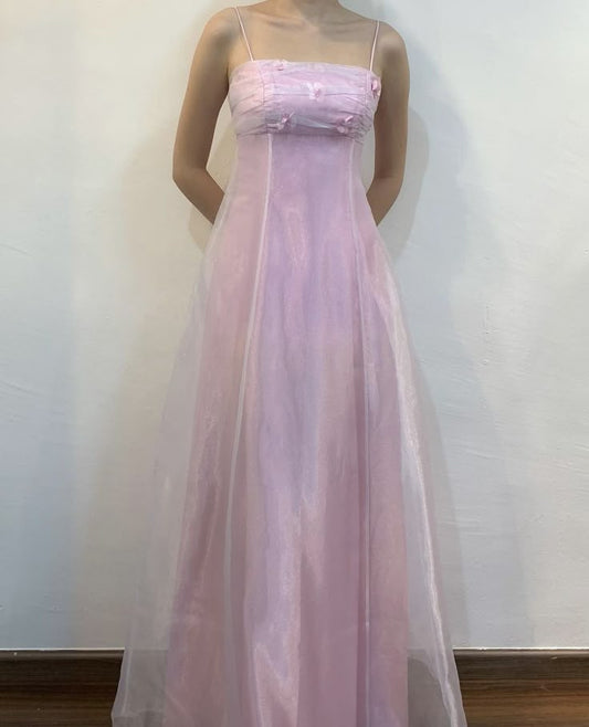 Robe de soirée longue en tulle rose, simple et élégante, à bretelles fines, motif floral, pour demoiselle d'honneur, robe de bal, nv3790