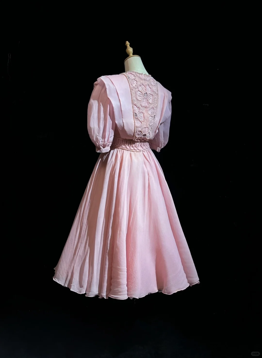 Dusty Pink Puff Short Sleeve Vintage Midi Dress Hand Beaded Floral Embroidery Flowy Chiffon A-Line Tea Length Gown  NV6893