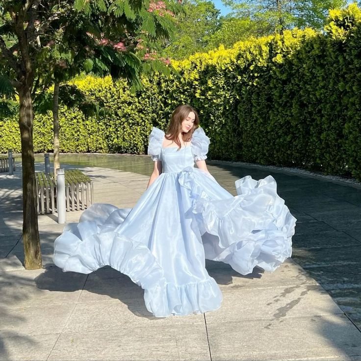 Blue sweet elegant tulle long short sleeve ball gown evening dress nv2922