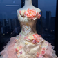 Strapless Pink Gold Vintage Ball Gown 3D Floral Lace Tiered Ruffle Tulle Prom Dress  NV7033