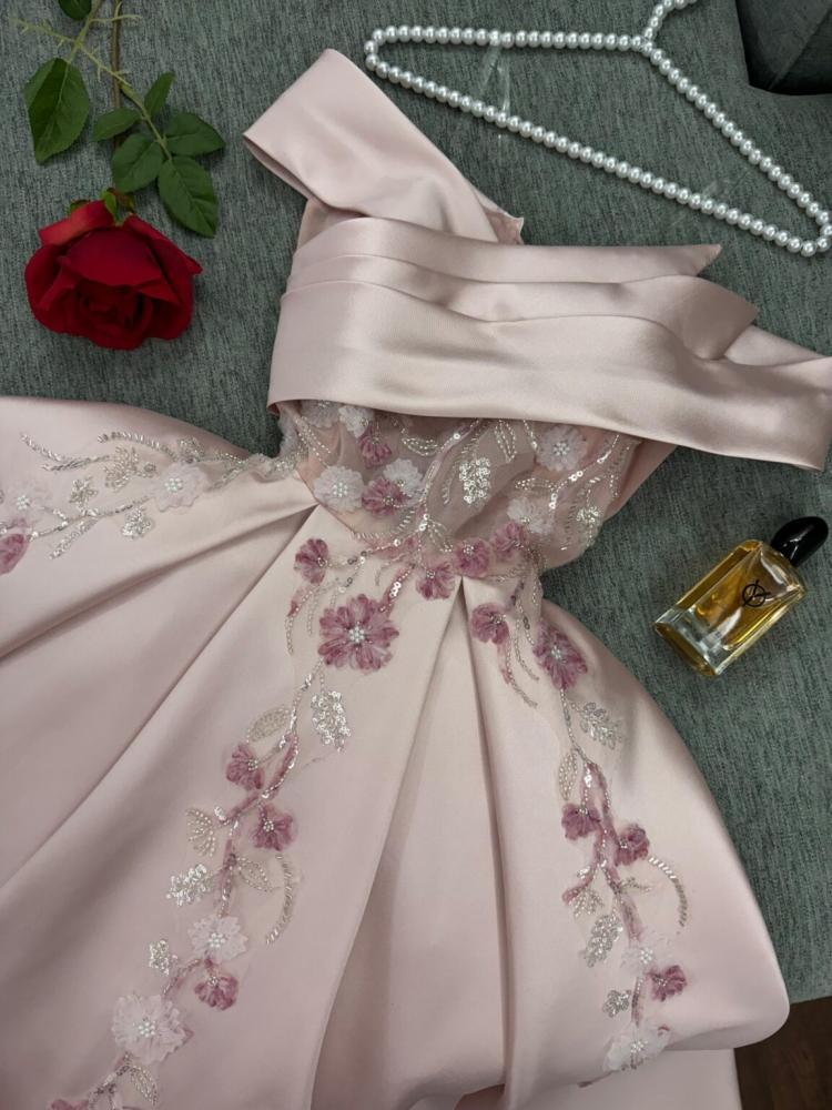 Pink Satin Embroidered Beaded Long Off Shoulder Short Sleeve Prom Dress Evening Dress Graduation Dress nv3000