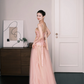 Blush Pink Two Piece Tulle Prom Dress Gold Floral Beaded Evening Gown  NV7212