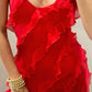 Robe de soirée longue rouge élégante à bretelles spaghetti en mousseline de soie à volants, tenue de bal, de vacances, d'anniversaire, de bal, nv3955