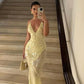 Yellow Fashion Elegant V-neck Mermaid Tulle Sequin Long Ball Gown Evening Gown Party Dress nv2441