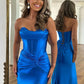 Robe de soirée longue sirène à col en cœur bleu, robe de soirée en satin bleu nv1520