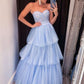 Light Blue Sweetheart Off Shoulder Impressive A-Line Tulle Tiered Long Ball Gown Evening Gown Party Dress ribbons galore dress to impress nv2572