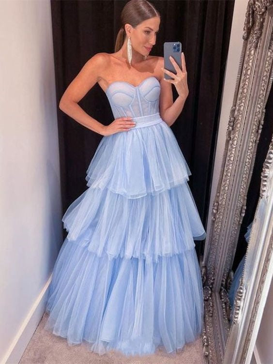 Light Blue Sweetheart Off Shoulder Impressive A-Line Tulle Tiered Long Ball Gown Evening Gown Party Dress ribbons galore dress to impress nv2572