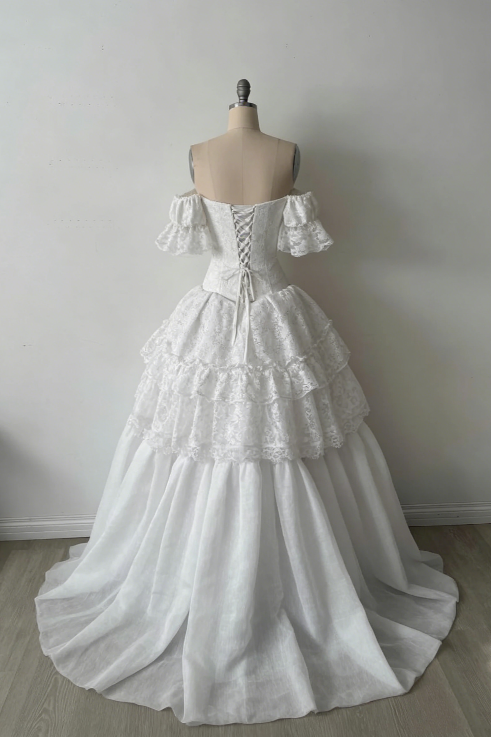 White short-sleeved delicate lace long dress, bridal gown NV6689