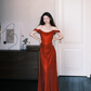 Off Shoulder Red Glitter Prom Dress, Draped Evening Gown  NV7342