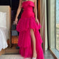 Hot Pink Elegant Charming Cute Sweetheart A-Line Off-the-shoulder Ball Gown Layered Tulle Long Slit Formal Dress Prom Dress Evening Dress Party Dress nv2501