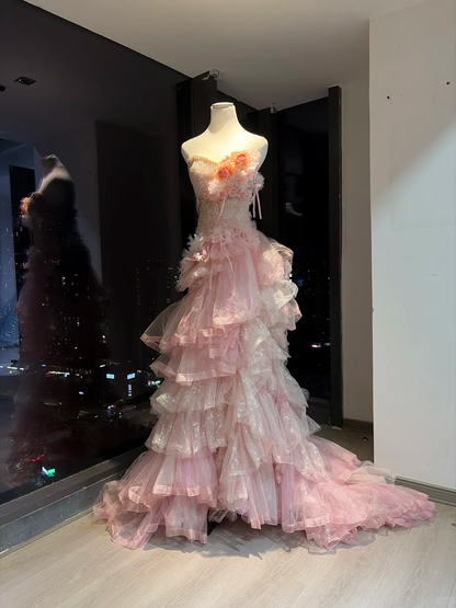Pink Strapless Mermaid Dress 3D Floral Tiered Glitter Tulle Long Train Fairy Prom Gown  NV6936