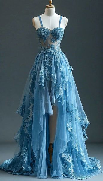 Blaues Ballkleid mit herzförmigem Ausschnitt und Blumenmuster, lang, Feen-Tüll, nv4847