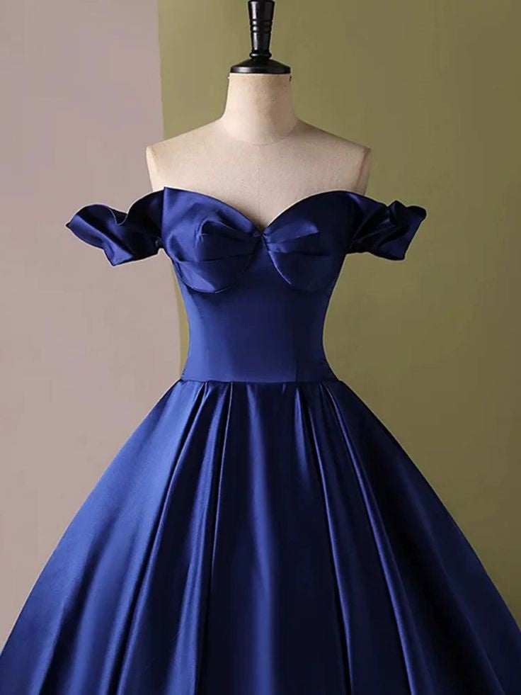 Blue strapless elegant simple A-line long satin ball gown evening dress nv3248