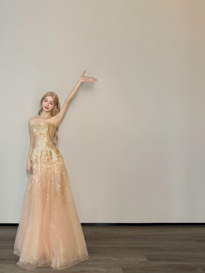 Champagne Nude Strapless Prom Gown Gold Sequin Embroidery Sparkle Tulle A Line Evening Dress  NV7152