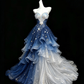 Blue To Silver Ombre Mermaid Prom Dress, Strapless Seashell Glitter Tiered Ruffle Tulle Evening Gown  NV7454