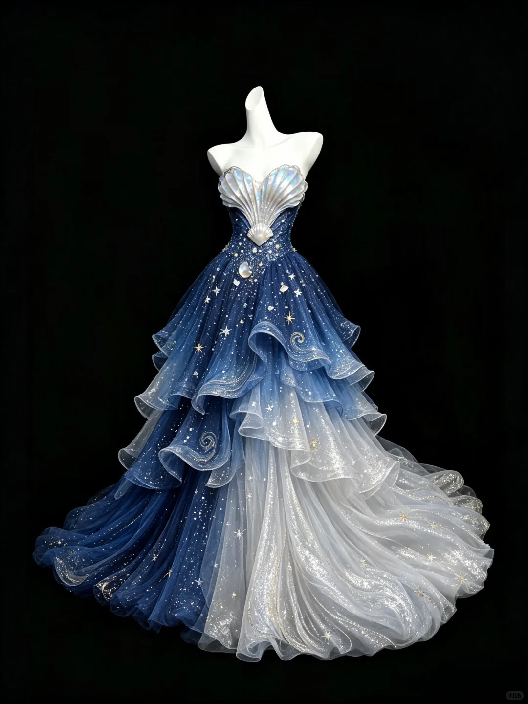 Blue To Silver Ombre Mermaid Prom Dress, Strapless Seashell Glitter Tiered Ruffle Tulle Evening Gown  NV7454