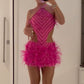 Robe de soirée courte rose brillante, sans bretelles, en plumes, à la mode, nv3503