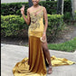 Sexy One Shoulder Beads Side Split Prom Dress Satin Long Evening Party Wear Dress nv983