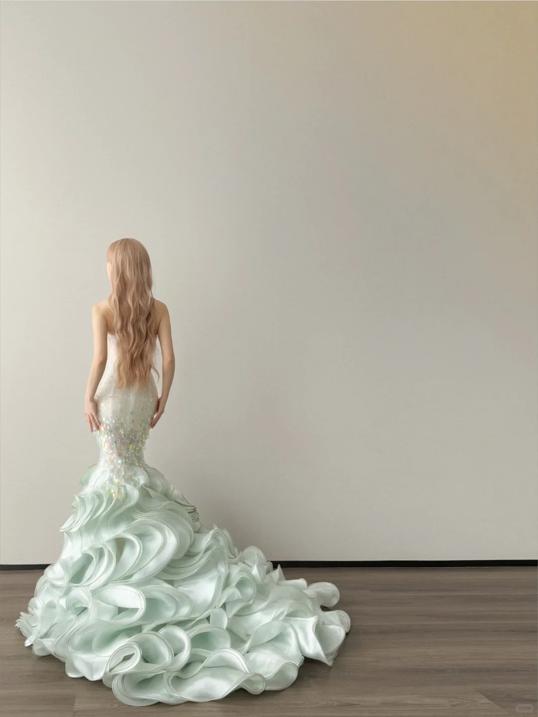 Mint Green Strapless Mermaid Prom Dress Iridescent Sequin Layered Ruffle Train  NV7135