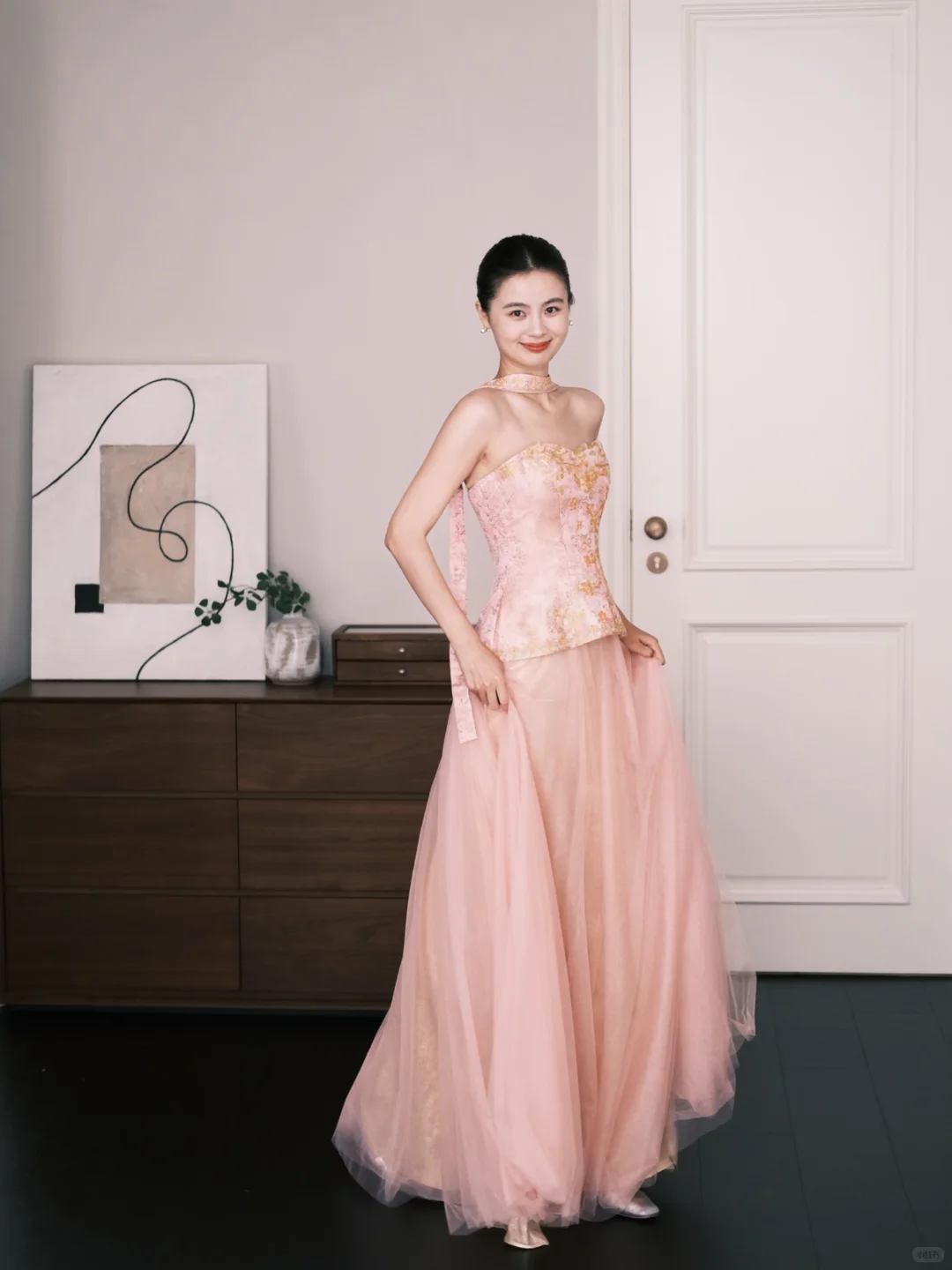 Blush Pink Two Piece Tulle Prom Dress Gold Floral Beaded Evening Gown  NV7212