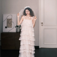 Spaghetti Strap Tiered Beaded Tulle Wedding Dress with Floral Trim  NV7380