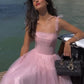 Pink Tie Shoulder Straps Long Tulle Ball Gown Evening Dress Party Dress nv3015