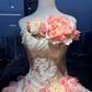 Strapless Pink Gold Vintage Ball Gown 3D Floral Lace Tiered Ruffle Tulle Prom Dress  NV7033