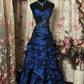 Marineblaues Vintage-Elegantes, modisches, exquisites, perlenbesetztes langes Satin-Ballkleid, Abendkleid, Ballkleid, NV3767