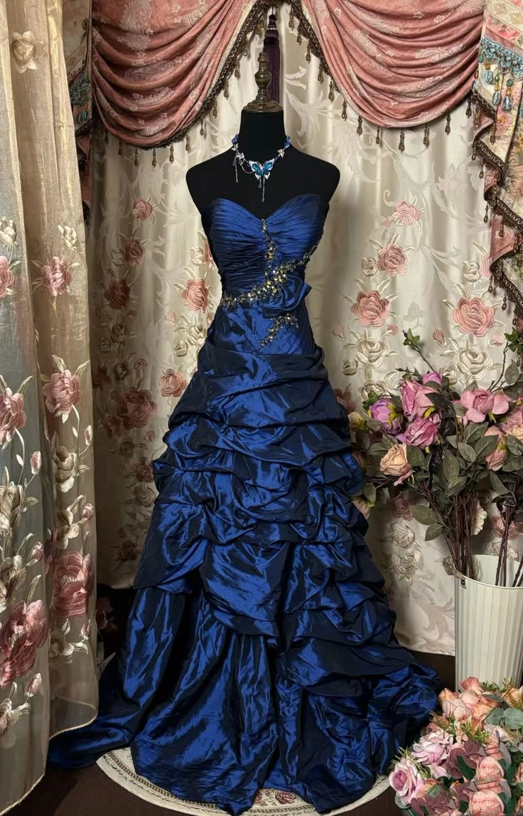 Marineblaues Vintage-Elegantes, modisches, exquisites, perlenbesetztes langes Satin-Ballkleid, Abendkleid, Ballkleid, NV3767
