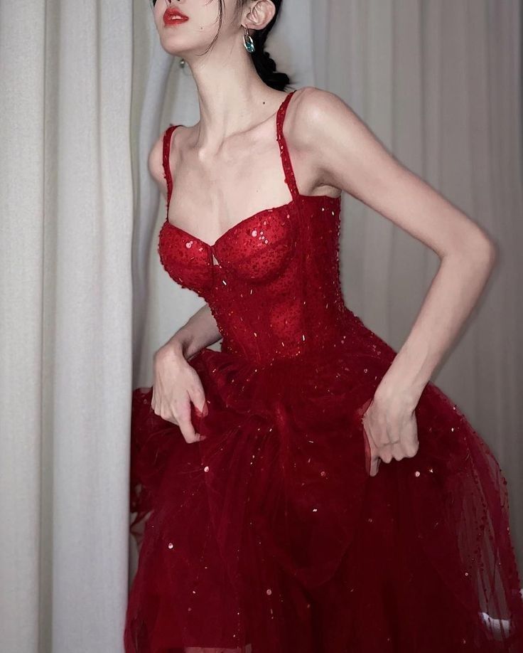 Red spaghetti strap long shiny sequins elegant ball gown evening dress party dress nv3058