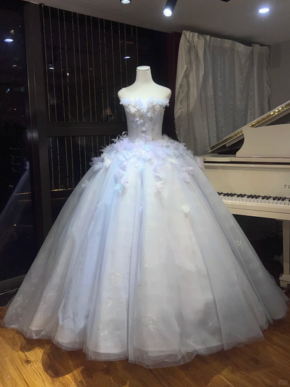 Light Ice Blue 3D Floral Petal Feather Tulle Princess Ball Gown  NV7094