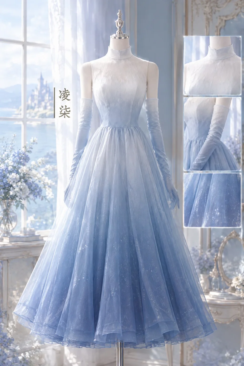 Ombre Blue High Neck Sparkly Tulle Prom Dress, Midi A-Line Gown with Long Sheer Gloves  NV7442
