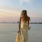 Robe de soirée longue en satin jaune élégante et élégante, deux pièces, tenue de soirée en bord de mer, nv3596