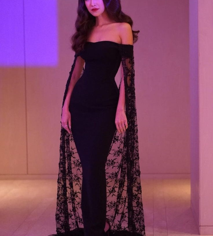 Robe de soirée sirène noire, noble et élégante, en dentelle fine, longue et élégante, robe de bal traînante, robe de soirée nv1914