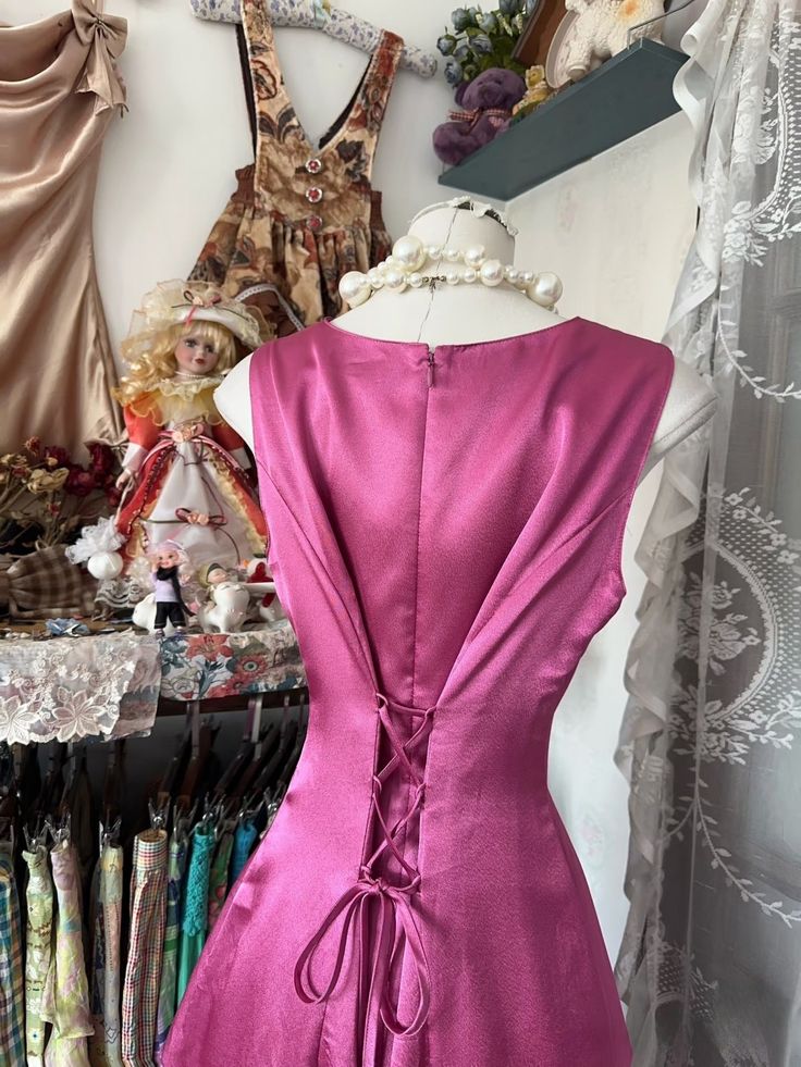 Robe de soirée en satin rose vintage, coupe trapèze, longueur au sol, nv3604
