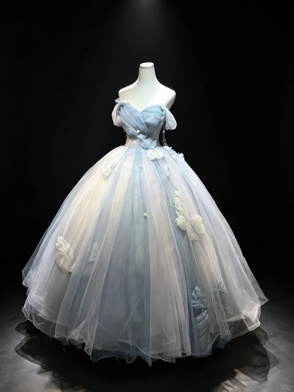 Blue White Ombre Off Shoulder Ball Gown 3D Bow Pearl Tulle Formal Evening Dress  NV6973